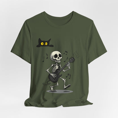 Rocking Skeleton Guitarist Halloween T-Shirt with Scaredy Cat