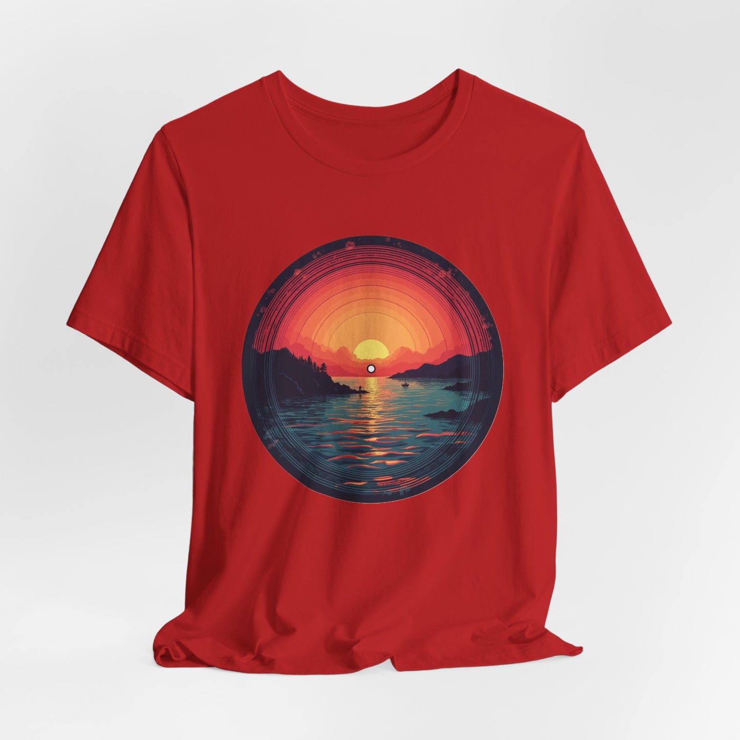 Sunset Vinyl Record Graphic Tee – Retro Sunset Beach Scene T-Shirt"