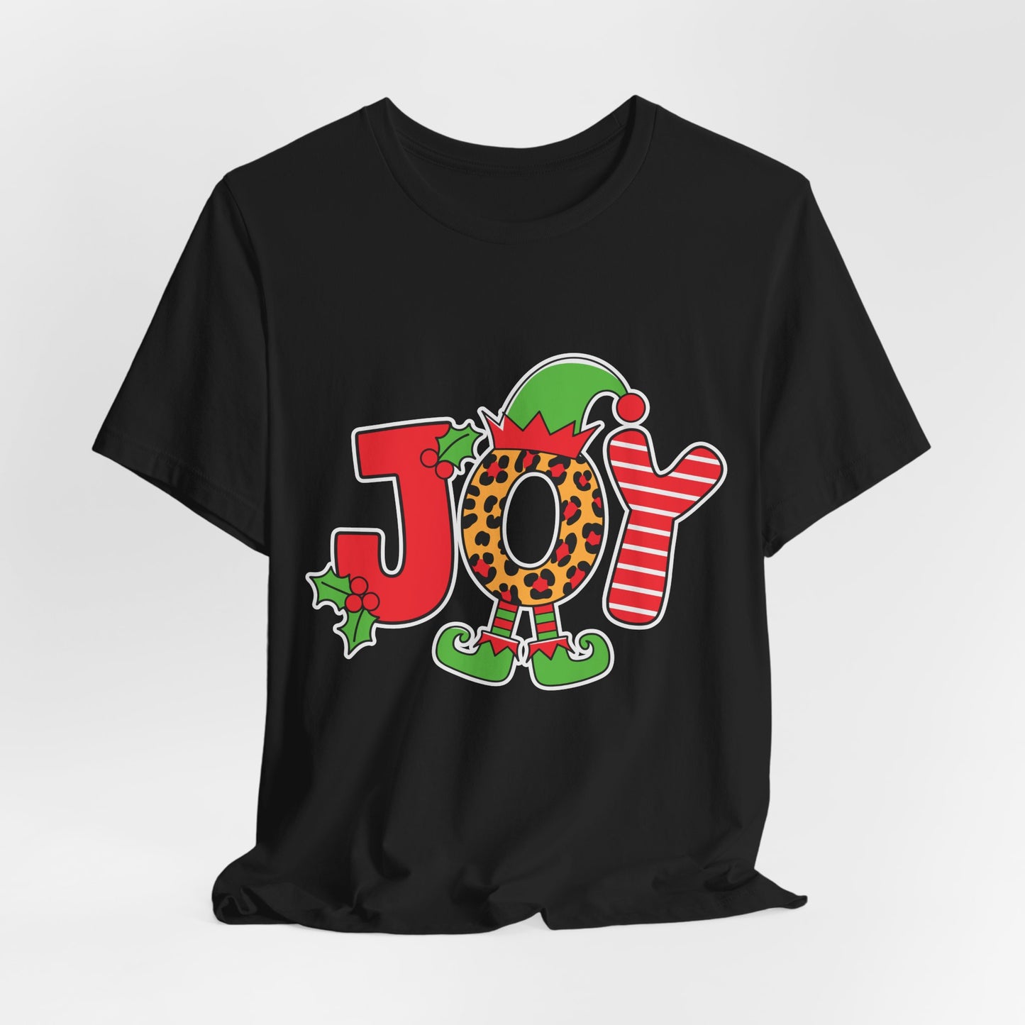 Festive Christmas 'JOY' T-Shirt – Leopard Print, Elf Hat, and Stripes Holiday Tee