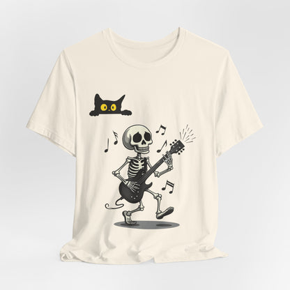 Rocking Skeleton Guitarist Halloween T-Shirt with Scaredy Cat