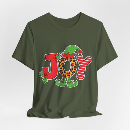 Festive Christmas 'JOY' T-Shirt – Leopard Print, Elf Hat, and Stripes Holiday Tee