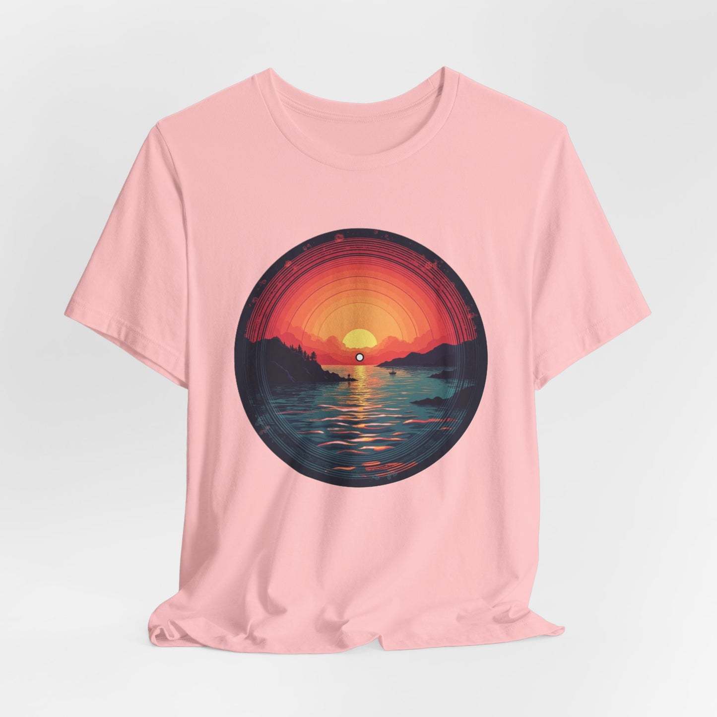 Sunset Vinyl Record Graphic Tee – Retro Sunset Beach Scene T-Shirt"