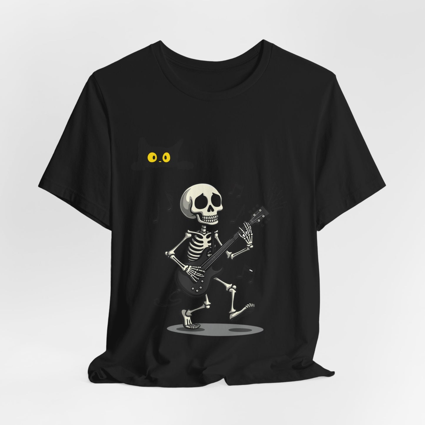 Rocking Skeleton Guitarist Halloween T-Shirt with Scaredy Cat