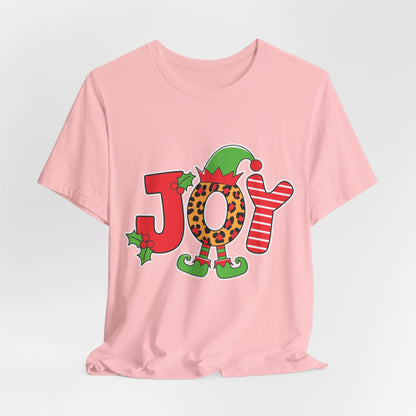 Festive Christmas 'JOY' T-Shirt – Leopard Print, Elf Hat, and Stripes Holiday Tee