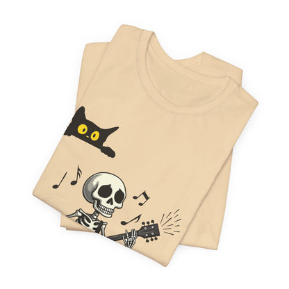 Rocking Skeleton Guitarist Halloween T-Shirt with Scaredy Cat