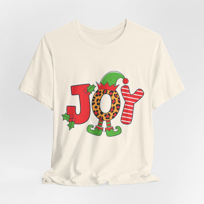 Festive Christmas 'JOY' T-Shirt – Leopard Print, Elf Hat, and Stripes Holiday Tee