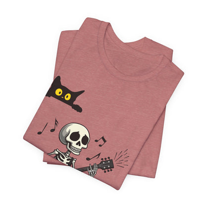 Rocking Skeleton Guitarist Halloween T-Shirt with Scaredy Cat