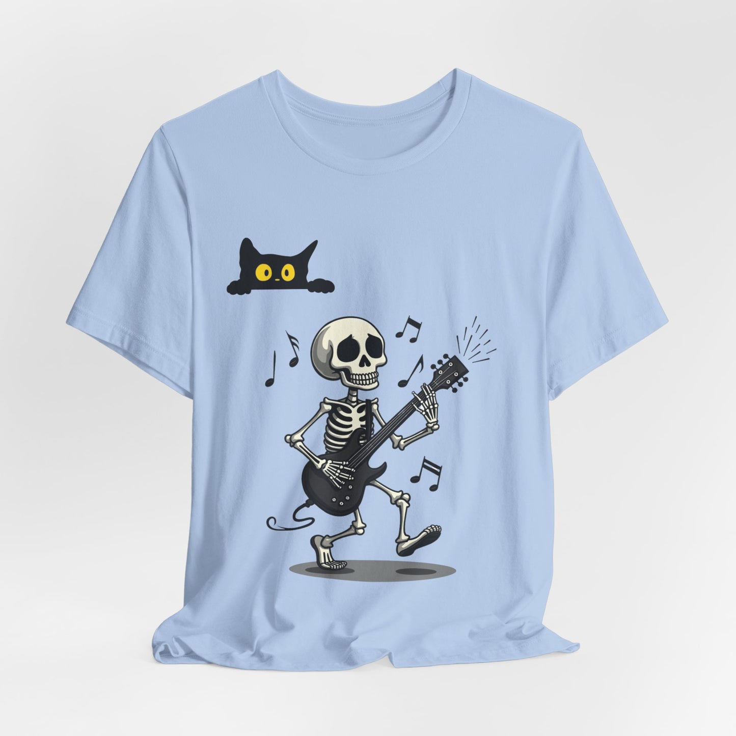 Rocking Skeleton Guitarist Halloween T-Shirt with Scaredy Cat