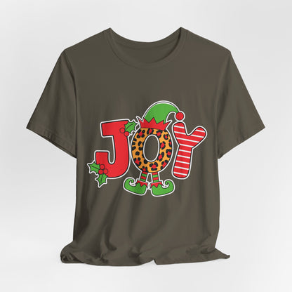 Festive Christmas 'JOY' T-Shirt – Leopard Print, Elf Hat, and Stripes Holiday Tee