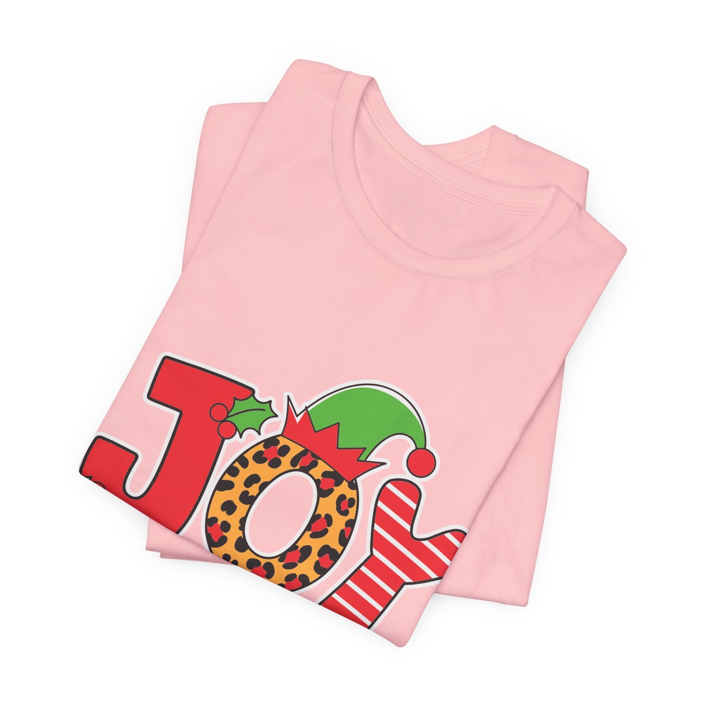 Festive Christmas 'JOY' T-Shirt – Leopard Print, Elf Hat, and Stripes Holiday Tee