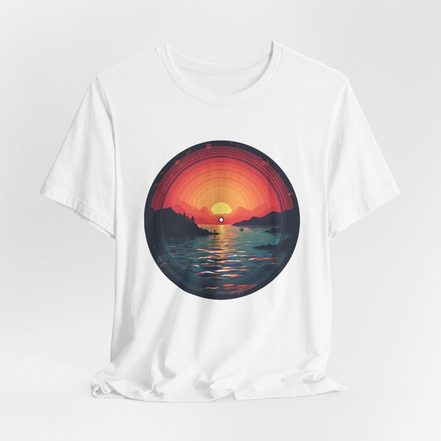 Sunset Vinyl Record Graphic Tee – Retro Sunset Beach Scene T-Shirt"