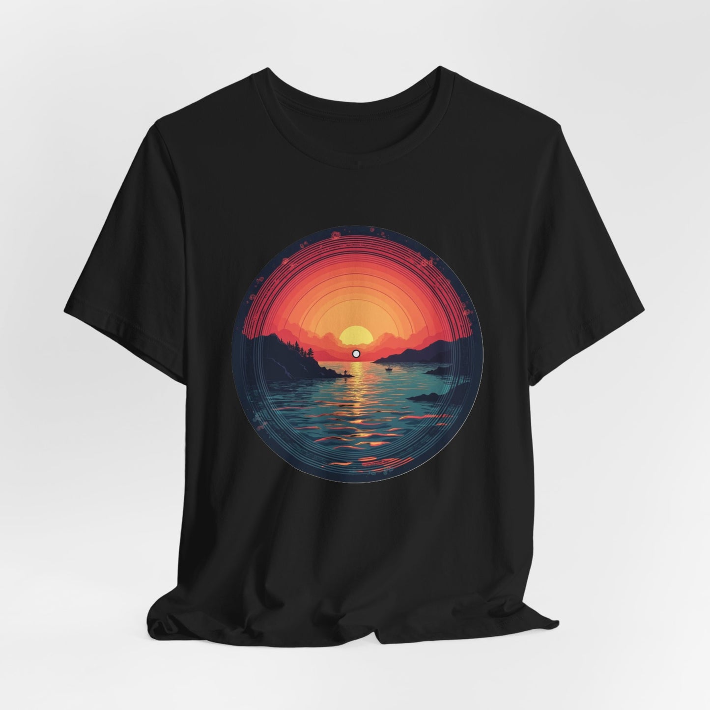 Sunset Vinyl Record Graphic Tee – Retro Sunset Beach Scene T-Shirt"