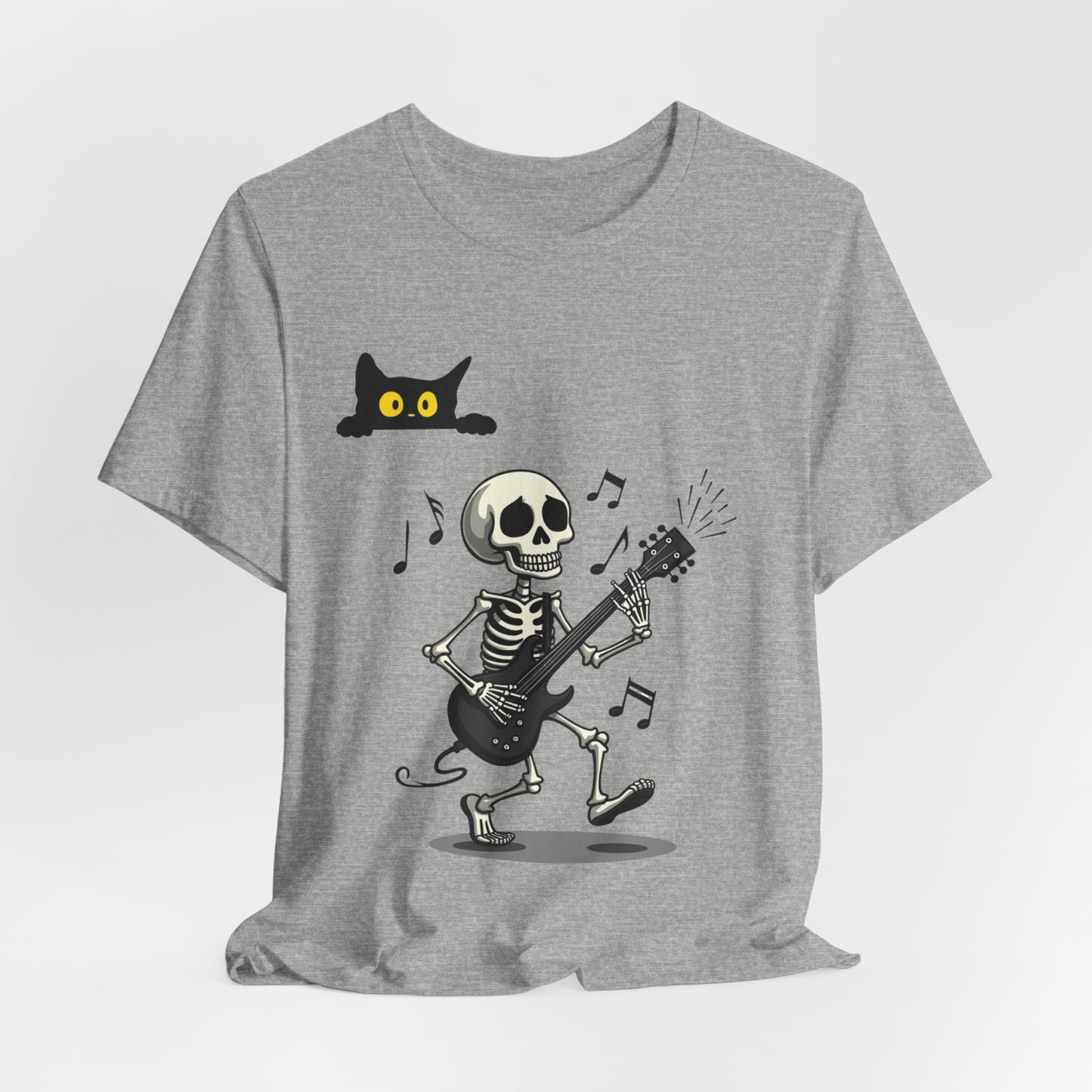 Rocking Skeleton Guitarist Halloween T-Shirt with Scaredy Cat