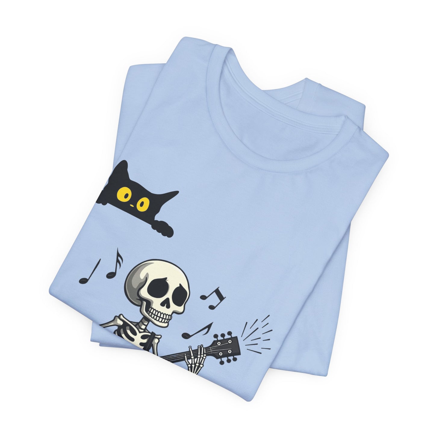 Rocking Skeleton Guitarist Halloween T-Shirt with Scaredy Cat