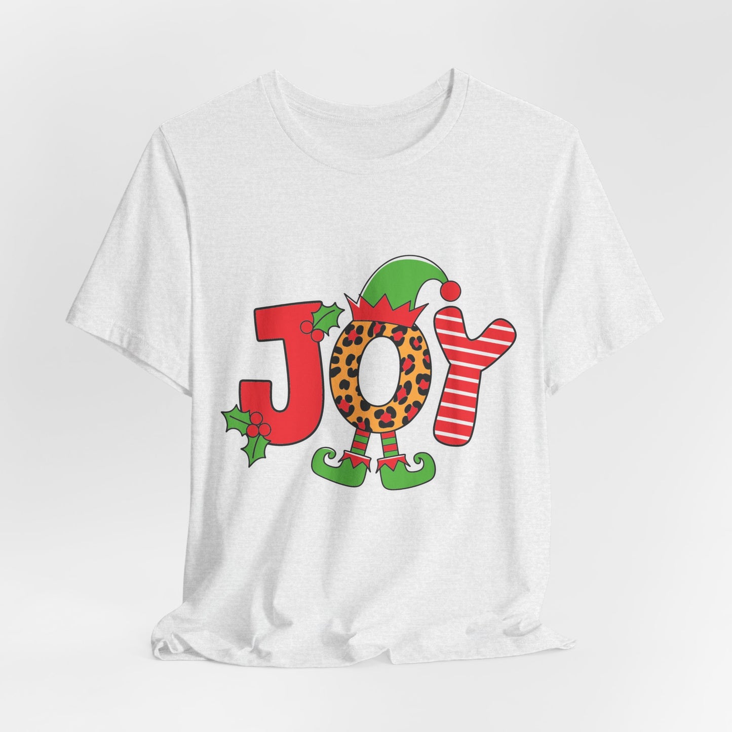 Festive Christmas 'JOY' T-Shirt – Leopard Print, Elf Hat, and Stripes Holiday Tee