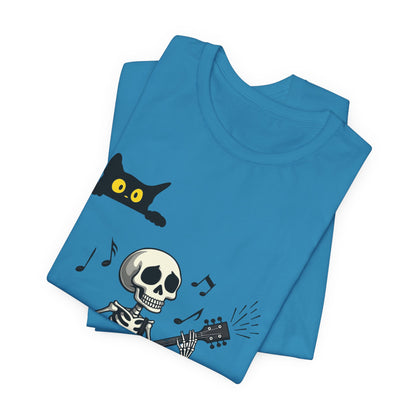 Rocking Skeleton Guitarist Halloween T-Shirt with Scaredy Cat