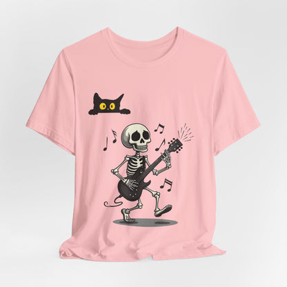 Rocking Skeleton Guitarist Halloween T-Shirt with Scaredy Cat