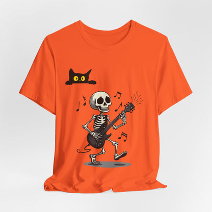 Rocking Skeleton Guitarist Halloween T-Shirt with Scaredy Cat