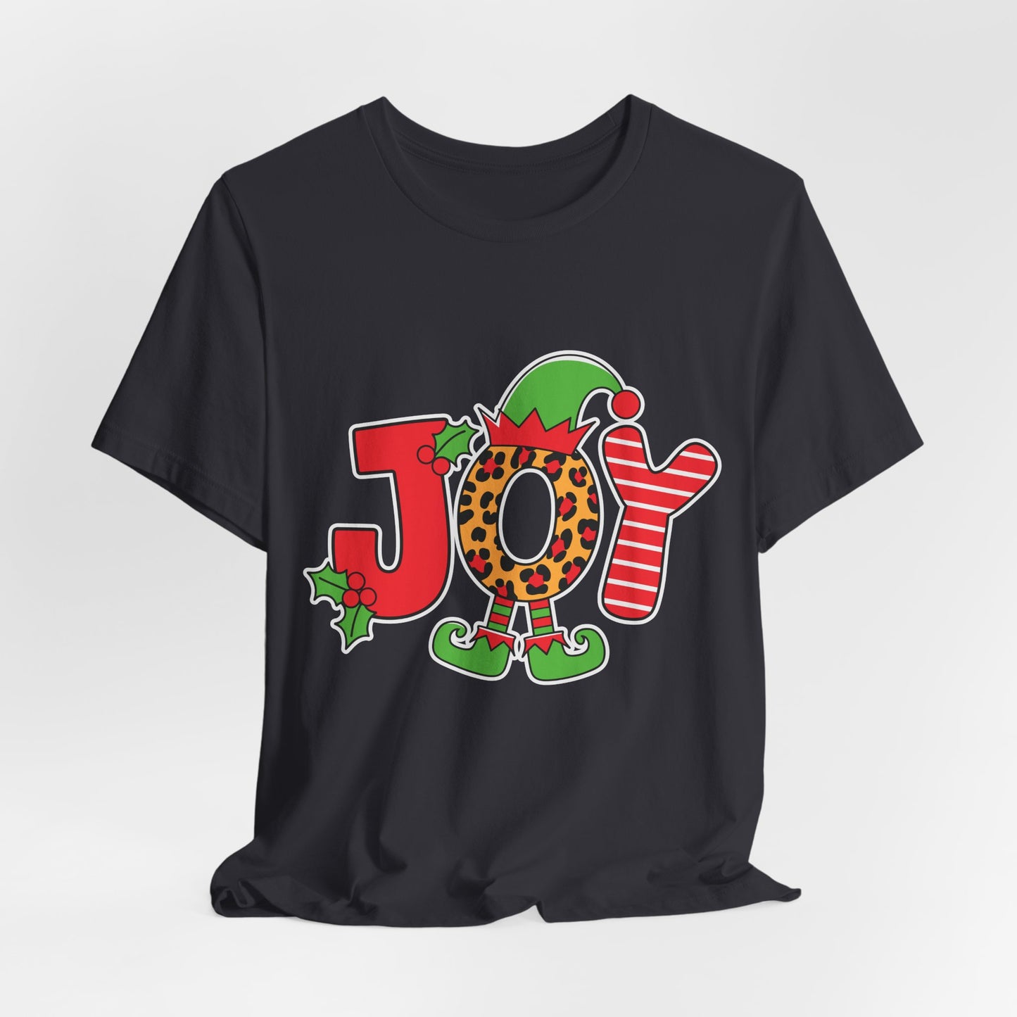 Festive Christmas 'JOY' T-Shirt – Leopard Print, Elf Hat, and Stripes Holiday Tee