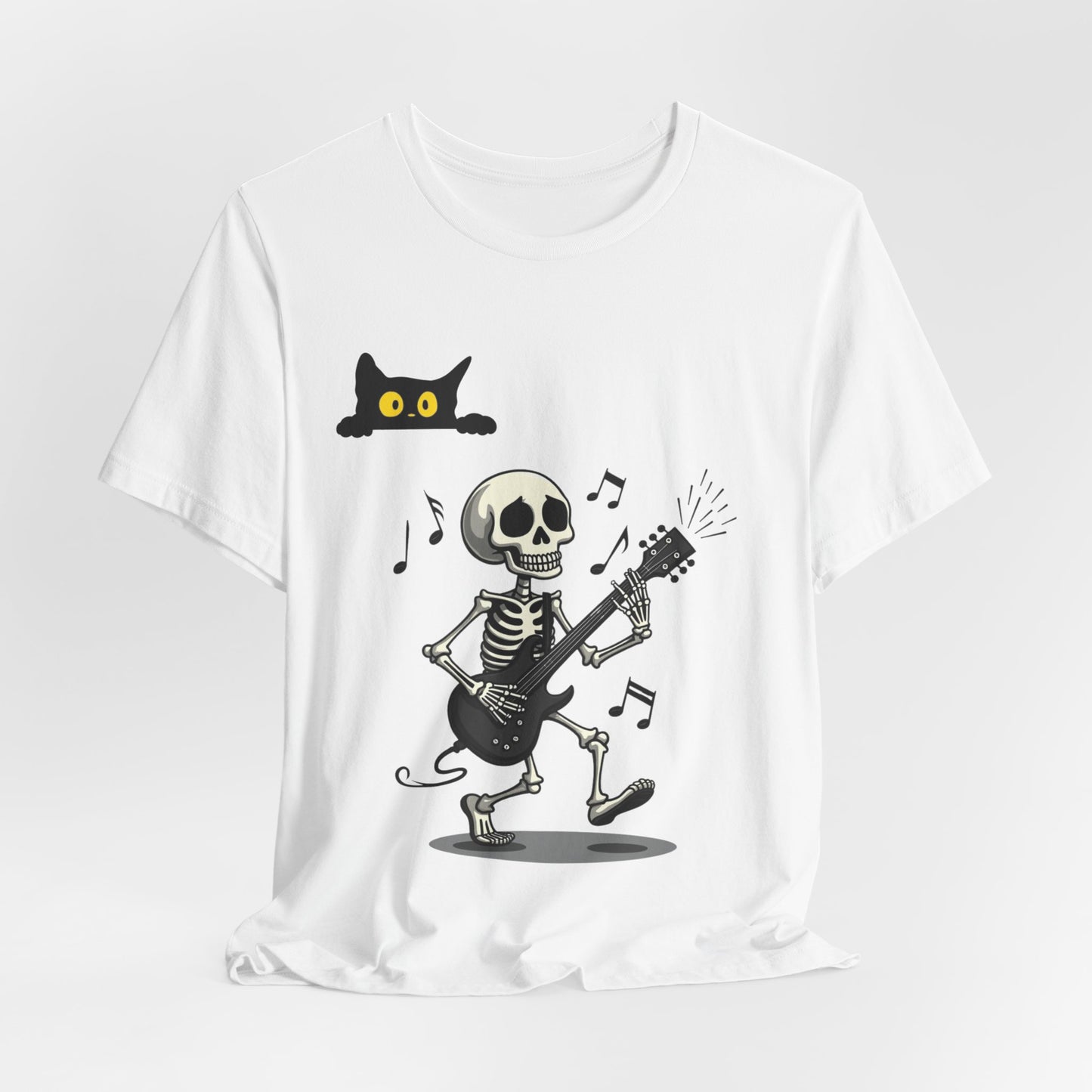 Rocking Skeleton Guitarist Halloween T-Shirt with Scaredy Cat