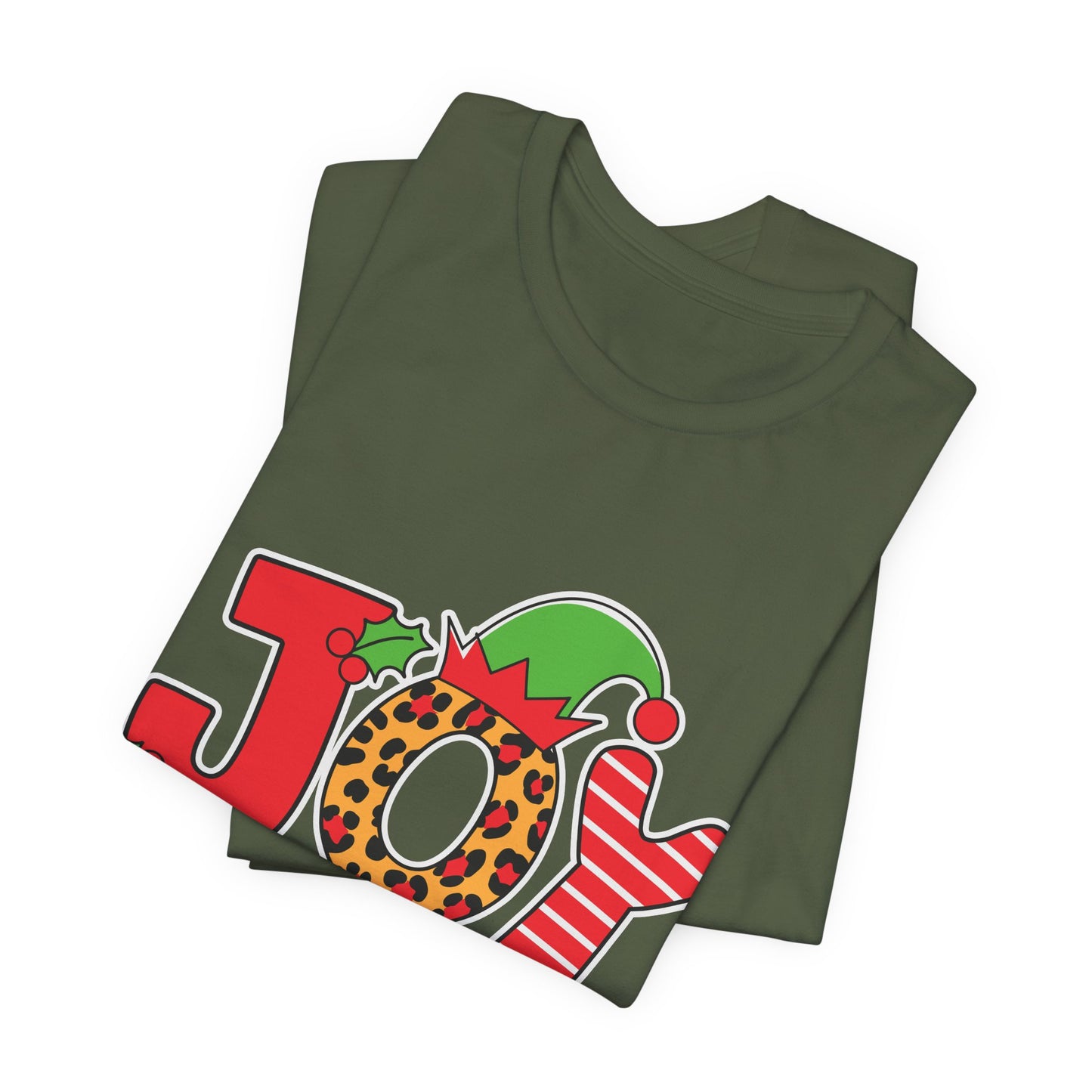 Festive Christmas 'JOY' T-Shirt – Leopard Print, Elf Hat, and Stripes Holiday Tee