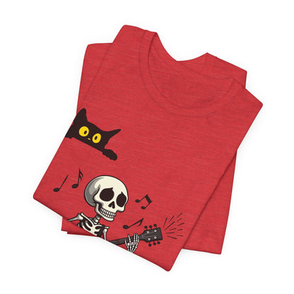 Rocking Skeleton Guitarist Halloween T-Shirt with Scaredy Cat