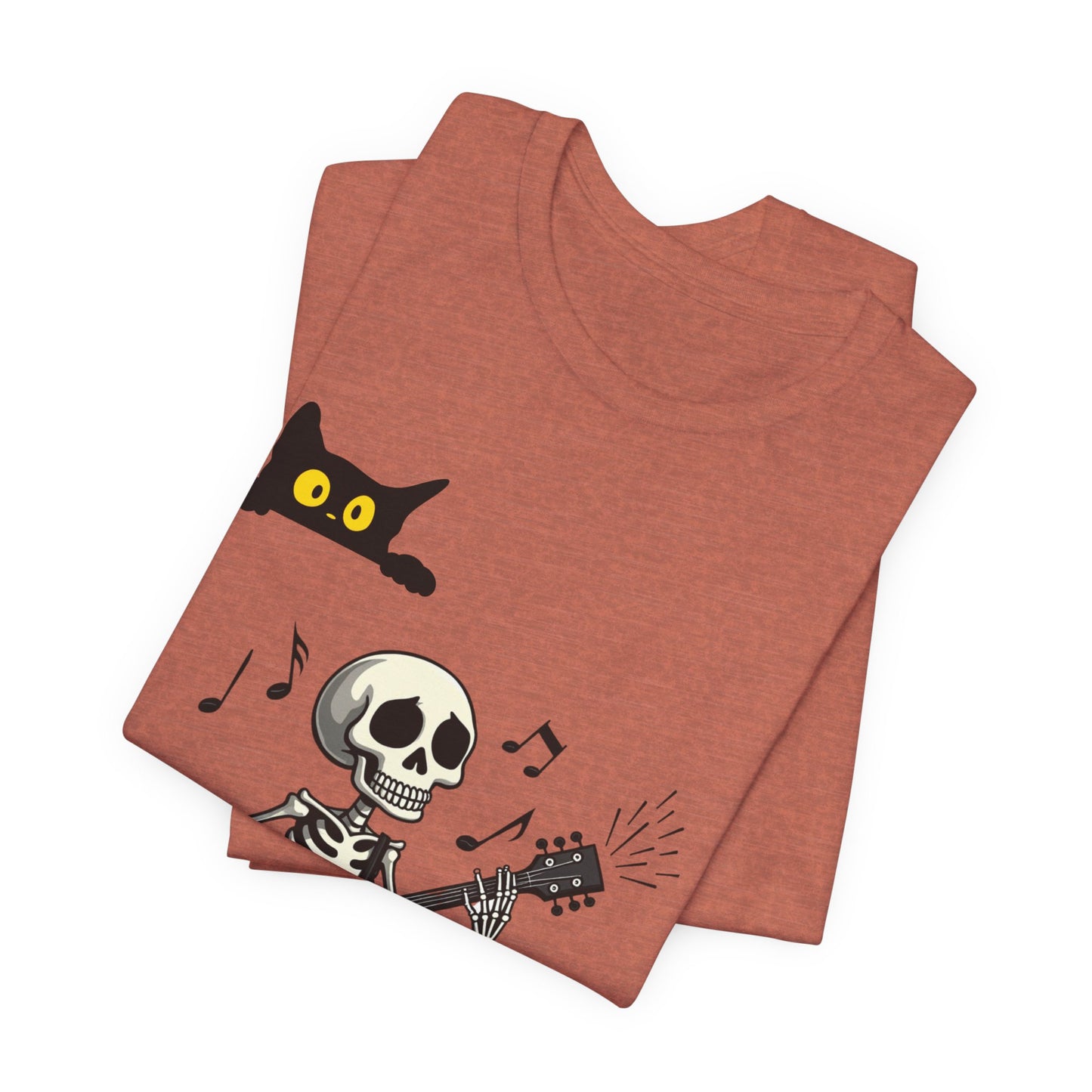 Rocking Skeleton Guitarist Halloween T-Shirt with Scaredy Cat