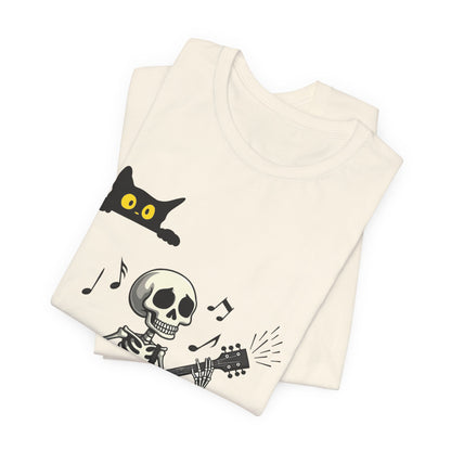 Rocking Skeleton Guitarist Halloween T-Shirt with Scaredy Cat