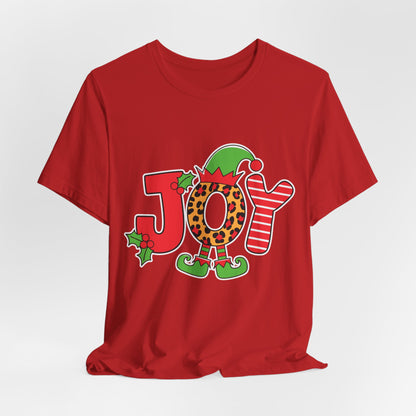 Festive Christmas 'JOY' T-Shirt – Leopard Print, Elf Hat, and Stripes Holiday Tee