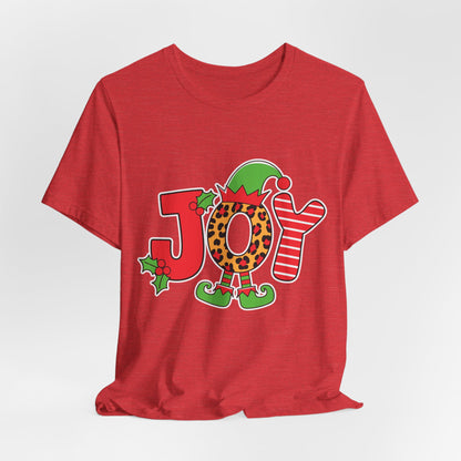 Festive Christmas 'JOY' T-Shirt – Leopard Print, Elf Hat, and Stripes Holiday Tee