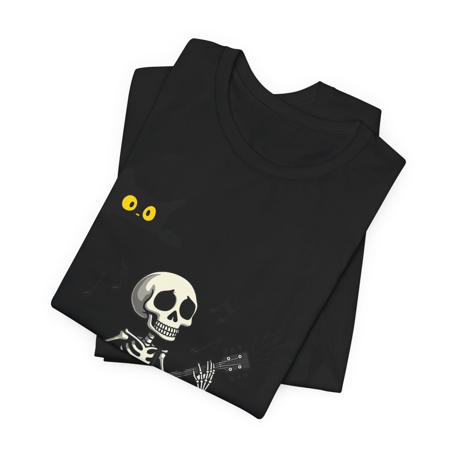 Rocking Skeleton Guitarist Halloween T-Shirt with Scaredy Cat